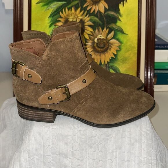 Crown Vintage 9M Roberta Tan Camel Brown Suede Leather Moto Ankle Booties - Picture 4 of 10